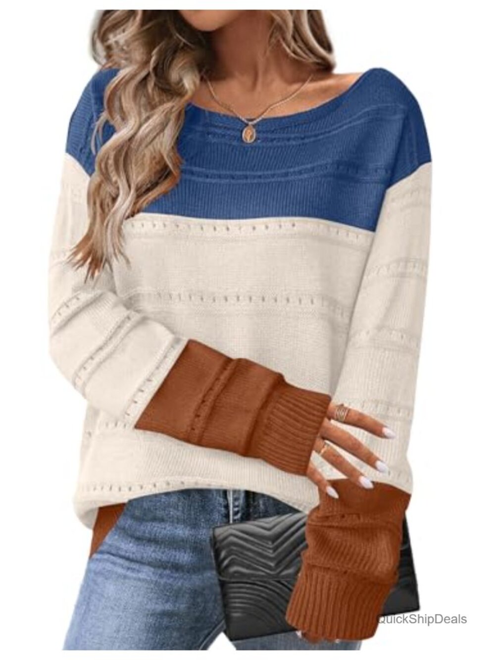 Crochet Knit Boat Neck Long Sleeve Pullover Sweater Loose Fit